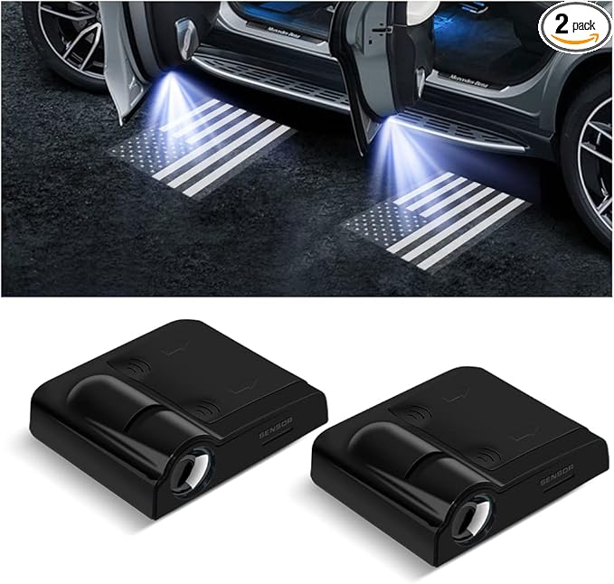 2Pcs Car Door Lights Logo Projector, Wireless LED Door Paste Courtesy Light, Holeless Magnet Sensor Ghost Shadow Welcome Lamp, Naruto Sharingan Light Accessories (Black American Flag)