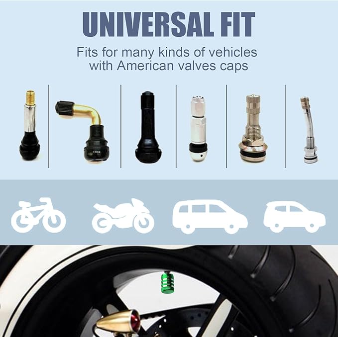 Tire Valve Stem Caps -(5 Pack) Tire Air Caps Metal with Plastic Liner Corrosion Resistant Leak-Proof for Car Truck Motorcycle SUV and Bike Green