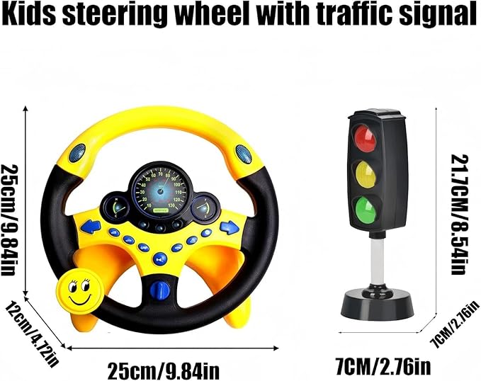 Kids Driving Toy Set with Interactive Steering Wheel and Traffic Light-Simulate Driving Car Steering Wheel Toy for Kids with Dashboard Display,Yellow and Black