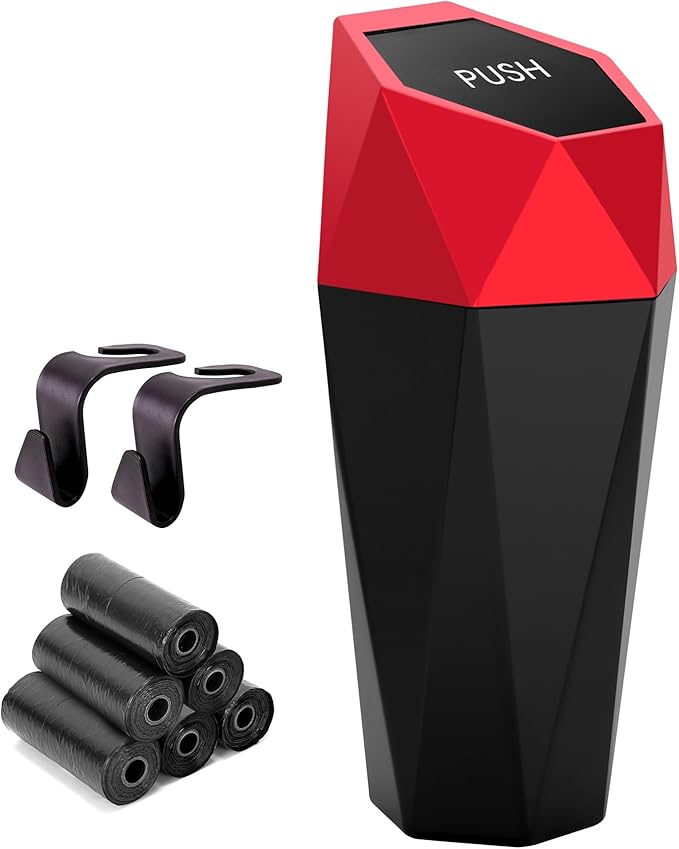Ginsco Car Trash Can Cup Holder, Mini Car Trash Can with Lid, Car Accessories for Interior, Leakproof Small Trash Cup for Car, Home with Additional 2 ABS Hooks and 90pcs Trash Bags Red