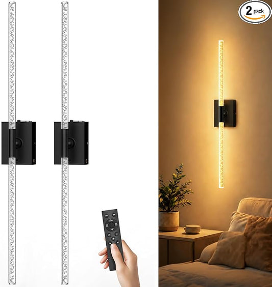 iThird Crystal Bubble Wall Sconces Set of 2: 10000mAh Rechargeable Wireless Lights with Remote & 360° Rotate, 4 Color Temps Dimmable, 31.5" Wall Lamp for Bedroom Living Room Mirror, Black