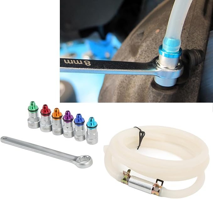 Brake Bleeder Wrench Kit with 6 Adapters, Metal Rubber, Universal for Car SUV Light Truck Motorcycle, 7-12mm, Check Valve & Brake Fluid, Air Elimination, No Wheel Removal or