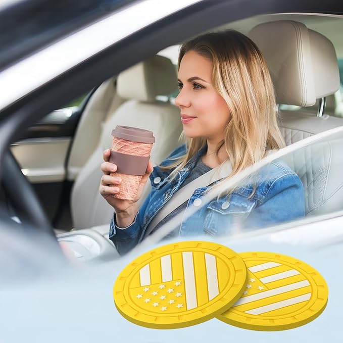 Osilly Car Cup Holder Coasters, 4 Pack American Flag Insert Car Cup Coaster, 2.75 Inch PVC Anti Slip Shockproof Embedded Drink Mat, Car Interior Decoration Accessories for SUV, Truck(Yellow)