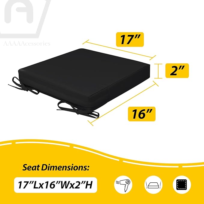 AAAAAcessories Outdoor Seat Cushions for Chairs, Waterproof, Fade-Resistant, 17" x 16" x 2", Patio Furniture Replacement Cushions, Set of 2, Charcoal Black