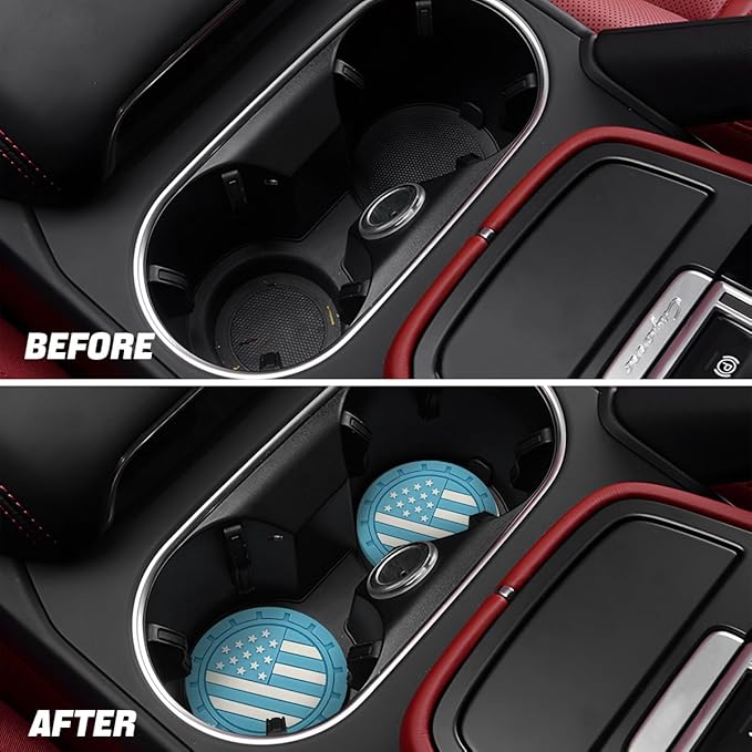 Osilly Car Cup Holder Coasters, 4 Pack American Flag Insert Car Cup Coaster, 2.75 Inch PVC Anti Slip Shockproof Embedded Drink Mat, Car Interior Decoration Accessories for SUV, Truck(Light Blue)