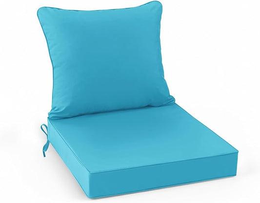 Summsun Outdoor Backrest and Deep Seat Cushion Set, Waterproof Fade Resistant Patio Chair Furniture Cushion with Removable Cover, 22 x 22 Inch, Teal, 1 Set