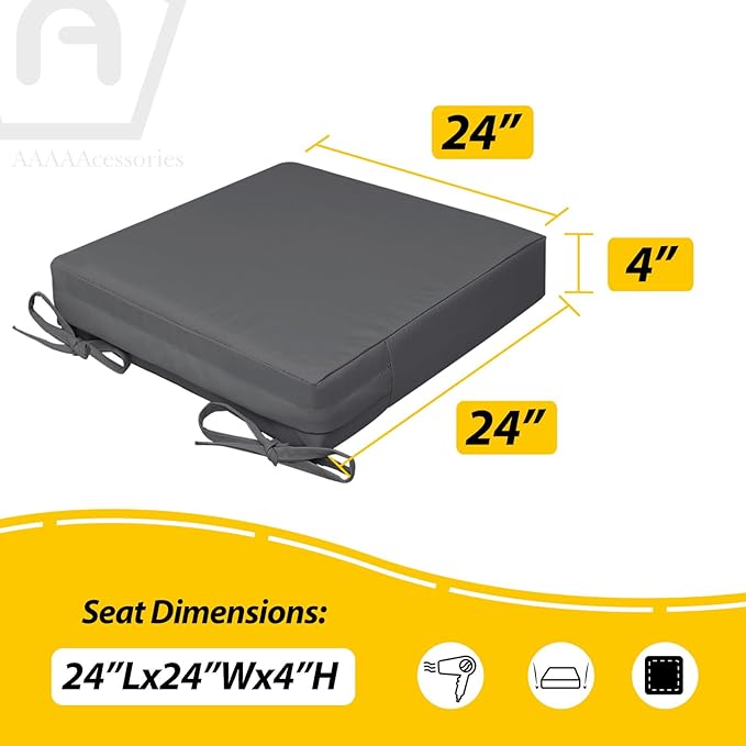 AAAAAcessories Outdoor Seat Cushions for Chairs, Waterproof, Fade-Resistant, 24" x 24" x 4", Patio Furniture Replacement Cushions, Set of 2, Dark Gray