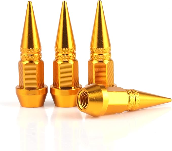 SINGARO 45mm Spiked Aluminum Stem Valve Caps,4PCS Dustproof Tire Wheel Stem Caps for Cars,SUVs,Trucks Bicycles and Motorcycles(Gold)