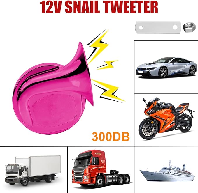 2PCS 300DB Super Loud Train Horns, 12V Waterproof Air Horns Replacement Kit, Car Air Electric Snail Double Horn, Automotive Accessories Universal for Motorcycle, Truck, Bike, Boat (Pink)