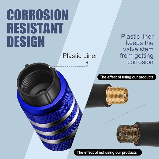 Tire Valve Stem Cap Cover - (5 Pack) Tire Air Cap Metal with Plastic Liner Corrosion Resistant Leak-Proof Rock and Roll for Car Truck Motorcycle Bike Blue