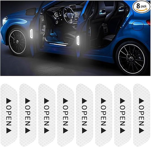 8PCS Reflective Open Warning Stickers for Car Door, Night Visibility Auto Safety Prompt Decals, Anti-Collision Protective Strip Tape, Car Accessories Universal for Truck, SUV, Van (Silver)
