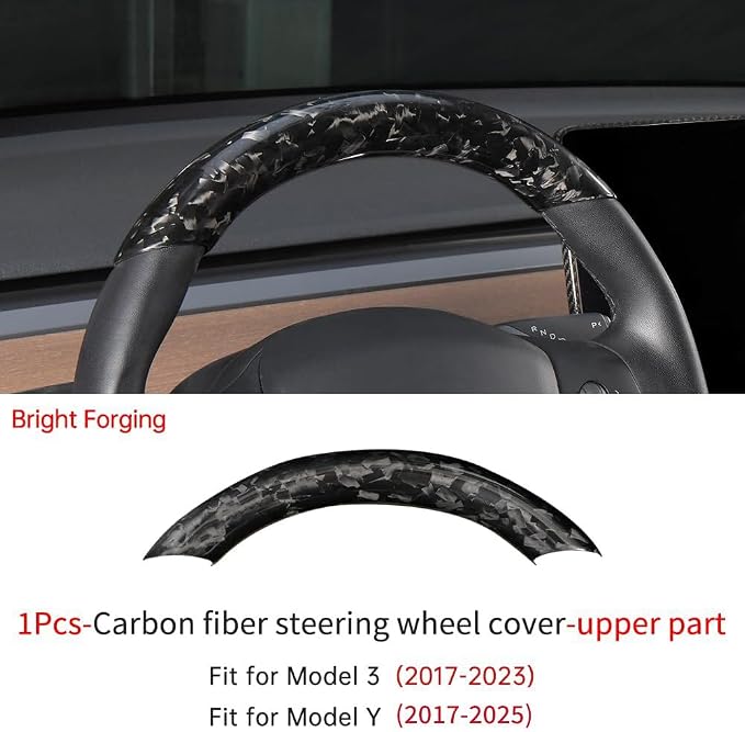 JSWAN Real Carbon Fiber Steering Wheel Cover for Tesla Model 3 2017 to 2023 Model Y 2020 to 2024 Steering Wheel Cover Steering Wheel Wrap Protector Interior Accessories (Forging Upper Part)