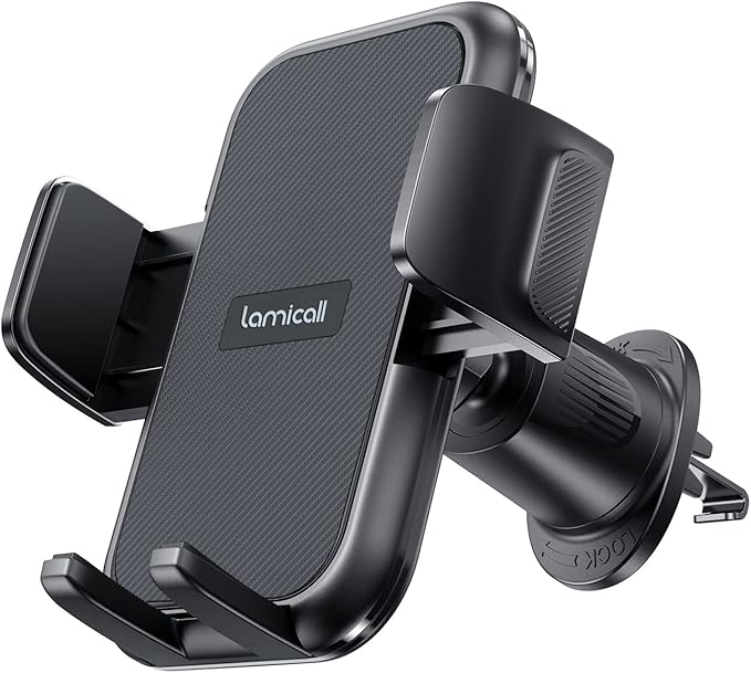 Lamicall 2026 Wider Clamp & Metal Hook Car Phone Holder Vent [Thick Cases Friendly] Phone Holders for Your Car Mount Automobile Hands Free Cradle Air Vent for iPhone 17 16 15 Pro Max Dark Grey