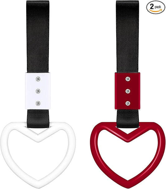 2 Pieces Rings Heart Shaped Car Handle Straps Drift Charm Rear Bumper Warning Ring Decor Subway Bus Broken Heart Handle for Car Interior (White and Red with Black Rope)