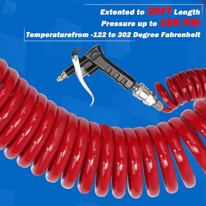 Heavy Duty Truck Air Duster Blow Gun Cleaning with 9 Meter Long Coil and 2 interchangeable nozzle tips- Red Air Seat Blow Gun Kit