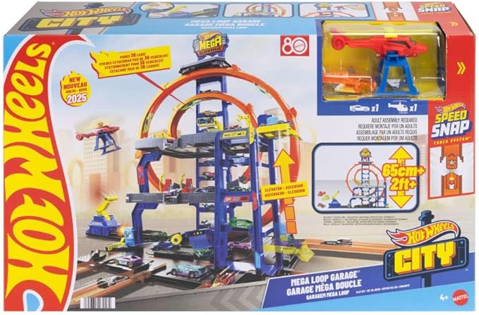 Hot Wheels Toy Car Track Set with Die-Cast Car & Helicopter, 2 Loops, Storage for 36 1:64 Scale Vehicles, Speed Snap Adapters, Mega Loop Garage