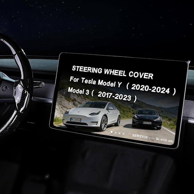 Steering Wheel Cover for Tesla Model 3 2017-2023 & Model Y 2020-2024 | Carbon Fiber，Anti-Slip, Wear & Heat Resistant, Easy to Install, Stylish Sport Design