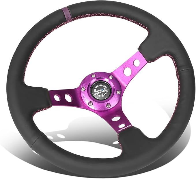NRG Innovations NRG-RST-006PP Reinforced Steering Wheel 350MM Sport Steering Wheel (3" Deep), Black Leather, Purple Center Mark with Purple Stitching