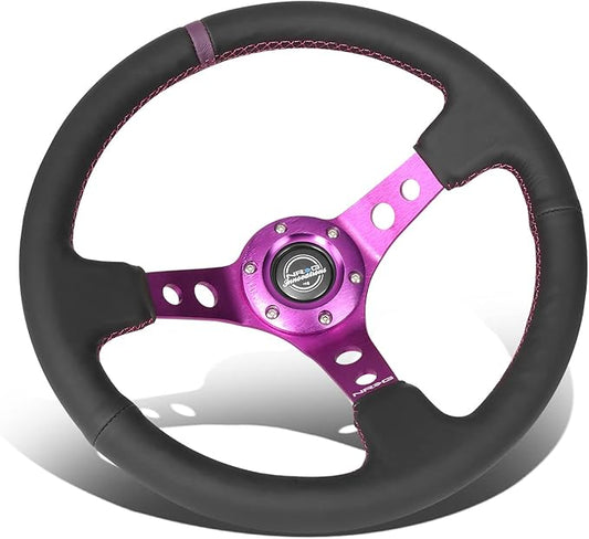 NRG Innovations NRG-RST-006PP Reinforced Steering Wheel 350MM Sport Steering Wheel (3" Deep), Black Leather, Purple Center Mark with Purple Stitching