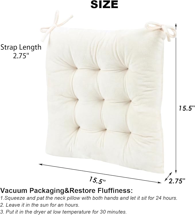 Set of 4 Chair Cushions for Dining Chairs with Ties, Indoor Non-Slip Kitchen Chair Pad and Dining Room Seat Cushion Mat for Office Living Room Outdoor 15.5" - Ivory