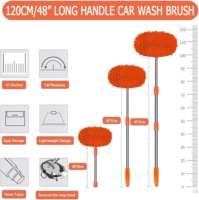 47.5" Car Wash Brush Mop Cleaning Tool with Long Handle Kit for Washing Detailing Cars Truck, SUV, RV, Trailer, Boat 2 in 1 Chenille Microfiber Sponge Duster Not Hurt Paint Scratch Free