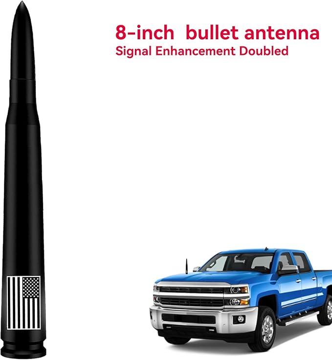 Car Bullet Antenna with Valve Stem Caps for GM Silverado 1500 2500 3500 HD Avalanche Ford F Series F150 F250 GMC Sierra 1500 2500 3500 Denali Heavy Truck Accessories (Black)- 8inch- America Flag