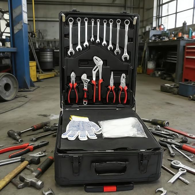 Arcwares 799pcs Aluminum Trolley Case Tool Set Silver, House Repair Kit Set, Household Hand Tool Set, with Tool Belt,Gift on Father's Day (Black)