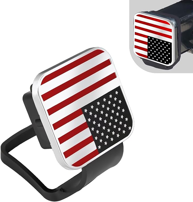 2 Inch Rubber Trailer Hitch Cover, Durable Tow Hitch Covers with American Flag, Car Exterior Accessories Fits for 2 Inches Hitch Receivers, Hitch Cover Tube Plug Cap for Trucks(Silver&Red Line)