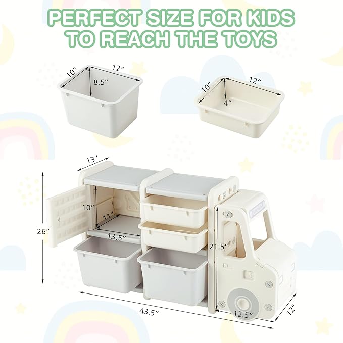 Costzon Toy Storage Organizer, Toy Shelf with with 2 Removable Toy Bins, 2 Pull-Out Drawers, Enclosed Cabinet, Kids Bookshelf, Toy Organizers and Storage for Kids Room, Playroom, Nursery (Beige)