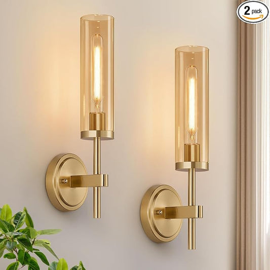 MOKATNG Hardwired Wall Sconces Set of Two, Brushed Gold Bathroom Sconces with Amber Glass, Modern Wall Light Fixtures for Bathroom Mirror Vanity, Living Room, Hallway, Stairway, Cabinet, Foyer