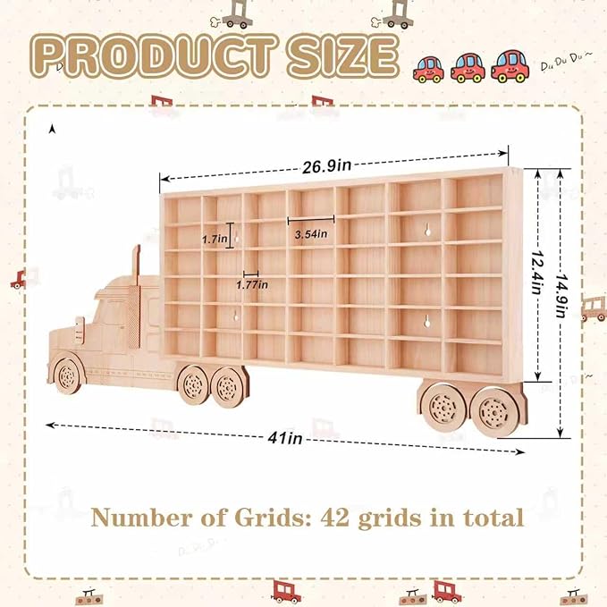 3D Wooden Toy Cars Display, Wall-Mounted for 42 Toy Cars, 1/64 Scale Model Car Organizer with Unique Patchwork Design