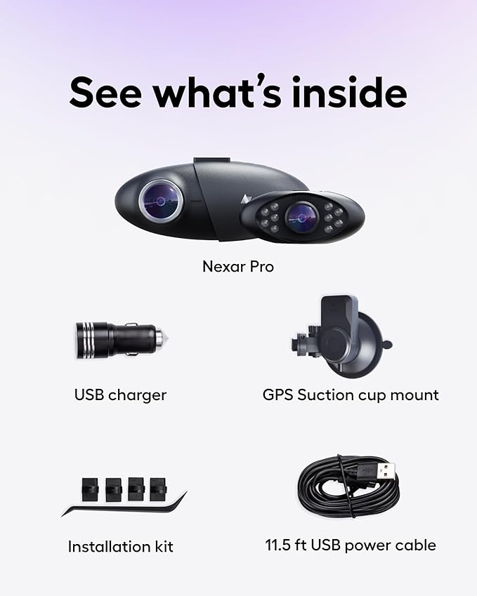 Nexar Pro Dual Dash Cam 1080p FHD Front and Interior Cameras AI Crash Detection 24H Parking Mode Night Vision and Unlimited Cloud Backup Includes 32GB SD Card