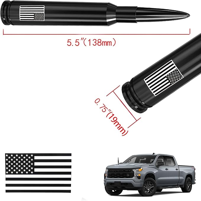 Car Truck Bullet Antenna - America Flag Style Mast for GM Chevy Silverado 1500 2500 3500 HD Avalanche Ford F150 F250 F350 Denali Heavy Duty Pickup Car Accessories(Black) - Anti Theft Desgin