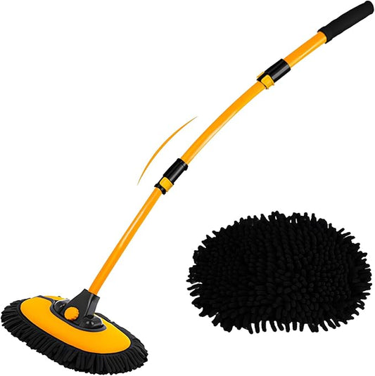 15° Curved Car Wash Brush with Long Handle 43" Extension Pole RV Truck Microfiber Cleaning Mop Auto SUV Wheel Boat Exterior Interior Detailing 2 in 1 Carwash Duster Not Hurt Paint, Yellow