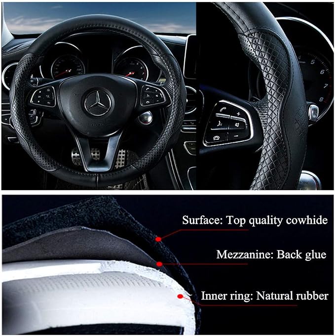 Red Rain Black Leather Steering Wheel Cover Cowhide Wheel Cover Genuine Leather BMW Steering Wheel Cover Universal Size M / 15inch Fit Car/Auto/SUV (A-Black-M)