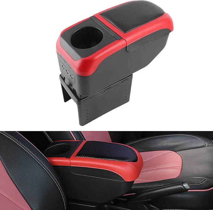 Universal Car Armrest Box with 6 USB Charging Ports Double Layer Car Organizers and Storage Car Arm Rest Console Organizer for SUV Truck Car (Red)
