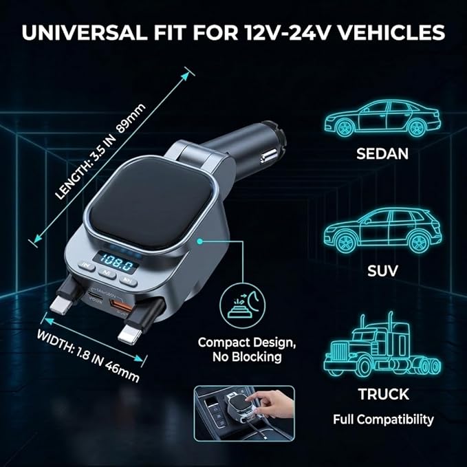 96W Retractable Car Charger, 4-in-1 Bluetooth 5.3 FM Transmitter for iPhone 17 16 15, Fast USB C Car Adapter for Music & Hands-Free Calls, Wireless Radio Receiver for SUV Truck RV