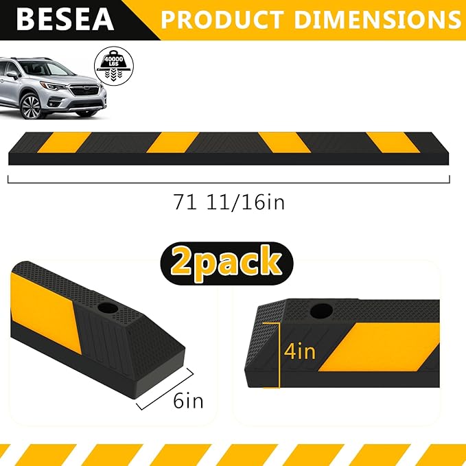 BESEA 2pcs Curb Parking Stoppers for Garage Bumpers Parking car 72" Length 4" High Heavy Duty Rubber Wheel Stopper for Vehicles Truck Driveway Help Your Cars Parking Stop Perfectily(2pack)