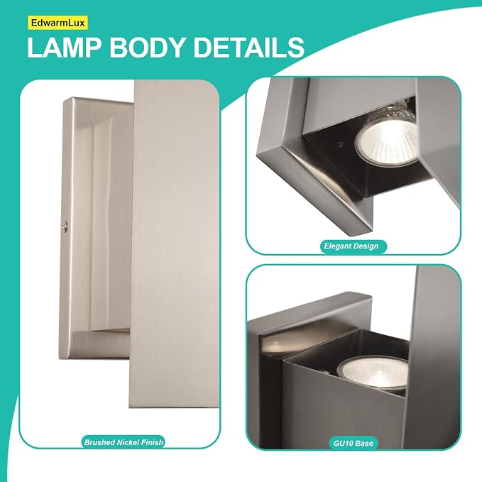 Edwarmlux Indoor Wall Sconces, Modern Wall Lights, Up and Down Wall Mount Light, Dimmable Hardwired Wall Light for Bedroom, Living Room, Hallway, GU10 Bulbs Excluded (Brushed Nickel)