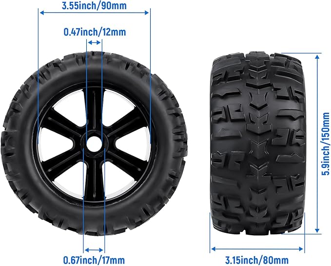 Pre-Glued 1/8 Truck Wheels Tires Set 17mm Hex Compatible with Traxxas Maxx, T-maxx, E-Revo, Arrma Kraton, Redcat Kaiju, JLB Cheetah 4-pack