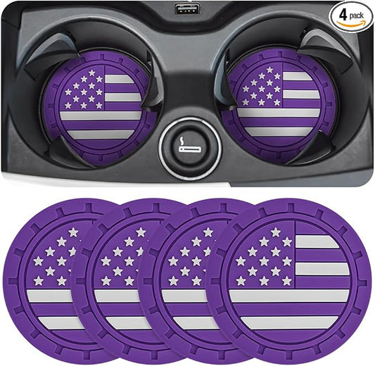 Osilly Car Cup Holder Coasters, 4 Pack American Flag Insert Car Cup Coaster, 2.75 Inch PVC Anti Slip Shockproof Embedded Drink Mat, Car Interior Decoration Accessories for SUV, Truck(Dark Purple)