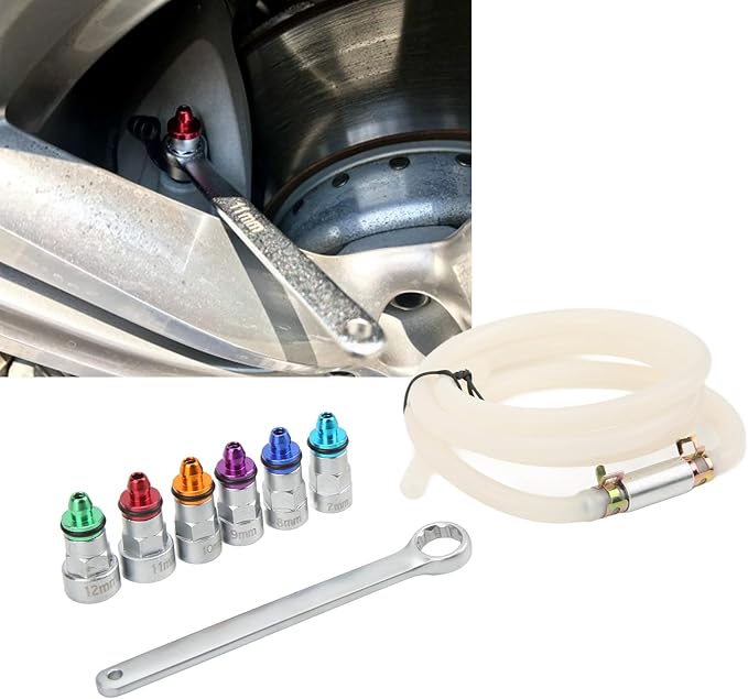 Brake Bleeder Wrench Kit with 6 Adapters, Metal Rubber, Universal for Car SUV Light Truck Motorcycle, 7-12mm, Check Valve & Brake Fluid, Air Elimination, No Wheel Removal or
