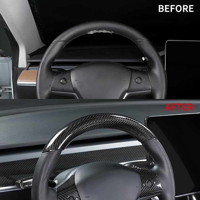 JSWAN Real Carbon Fiber Steering Wheel Cover for Tesla Model 3 2017 to 2023 Model Y 2020 to 2024 Steering Wheel Cover Steering Wheel Wrap Protector Interior Accessories (Bright Black Upper Part)