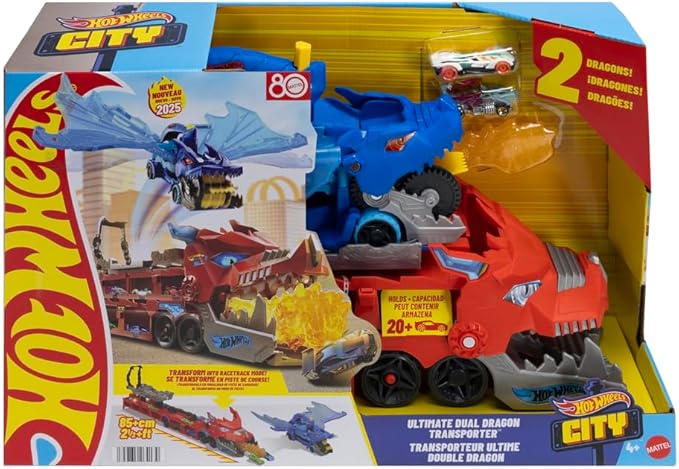 Hot Wheels City Toy Car Track Set, Ultimate Dual Dragon Transporter & 2 Die-Cast Cars, Large-Scale Dragon & Detachable Dragon, Stores 20+ Vehicles