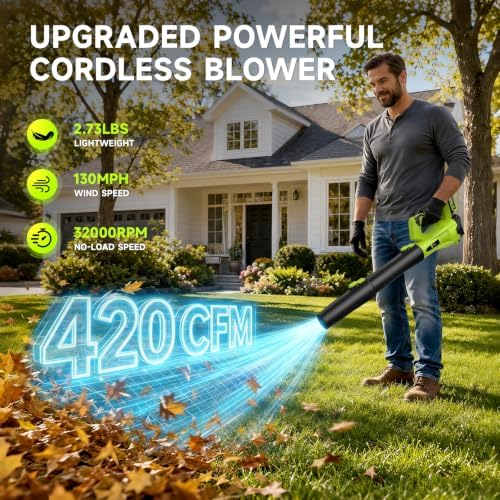 Leaf Blower Cordless with 4.0Ah Battery and Charger, 420CFM Electric Blower with 6-Speed, 21V Lightweight Handheld for Lawn Yard Patio Leaves Dust Snow
