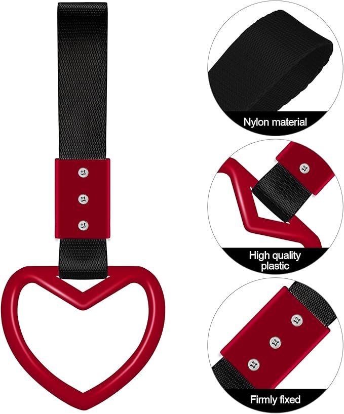 2 Pieces Rings Heart Shaped Car Handle Straps Drift Charm Rear Bumper Warning Ring Decor Subway Bus Broken Heart Handle for Car Interior (White and Red with Black Rope)