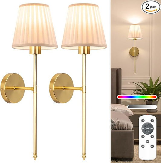 NIORSUN Battery Operated Wall Sconce Set of 2,Beige-Gold Rechargeable Wall Lights with 10400mAh Dimmable Bulbs and Remote, 9 Colors Wireless Wall Lamps for Bedroom Living Room Hallway