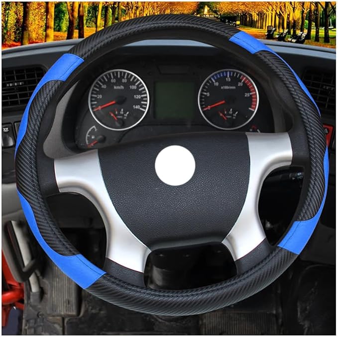 17 Inch Semi Truck Steering Wheel Cover - Carbon Fiber Pattern & Faux Leather, Anti-Slip Grip, Breathable Comfort for Long-Haul Drivers - Black Blue