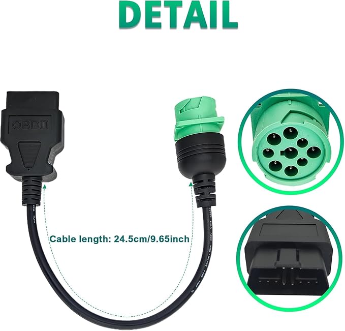 9 Pin Type 2 J1939 to 16 Pin Male OBD2 Adapter Cable for Heavy Duty Trucks and Commercial Vehicles, Green J1939 Diagnostic Connector Plug Work with Truck ELD GPS Trackers OBD Diagnostic Scanner Tool