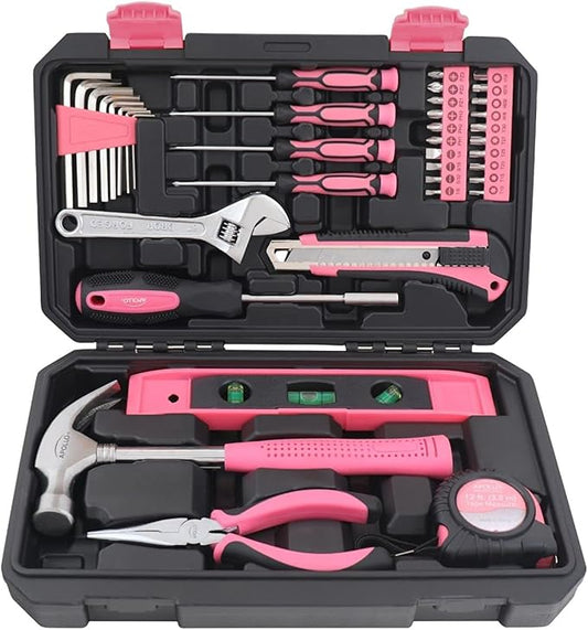 Apollo Tools 39 Piece General Household Tool Set in Toolbox Storage Case with Essential Hand Tools for Everyday Home Repairs, DIY and Crafts - Pink Ribbon - Pink - DT9711P